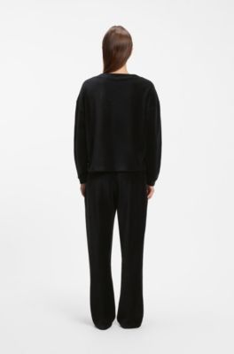 V-neck sweatshirt in ribbed velour with satin piping, Black