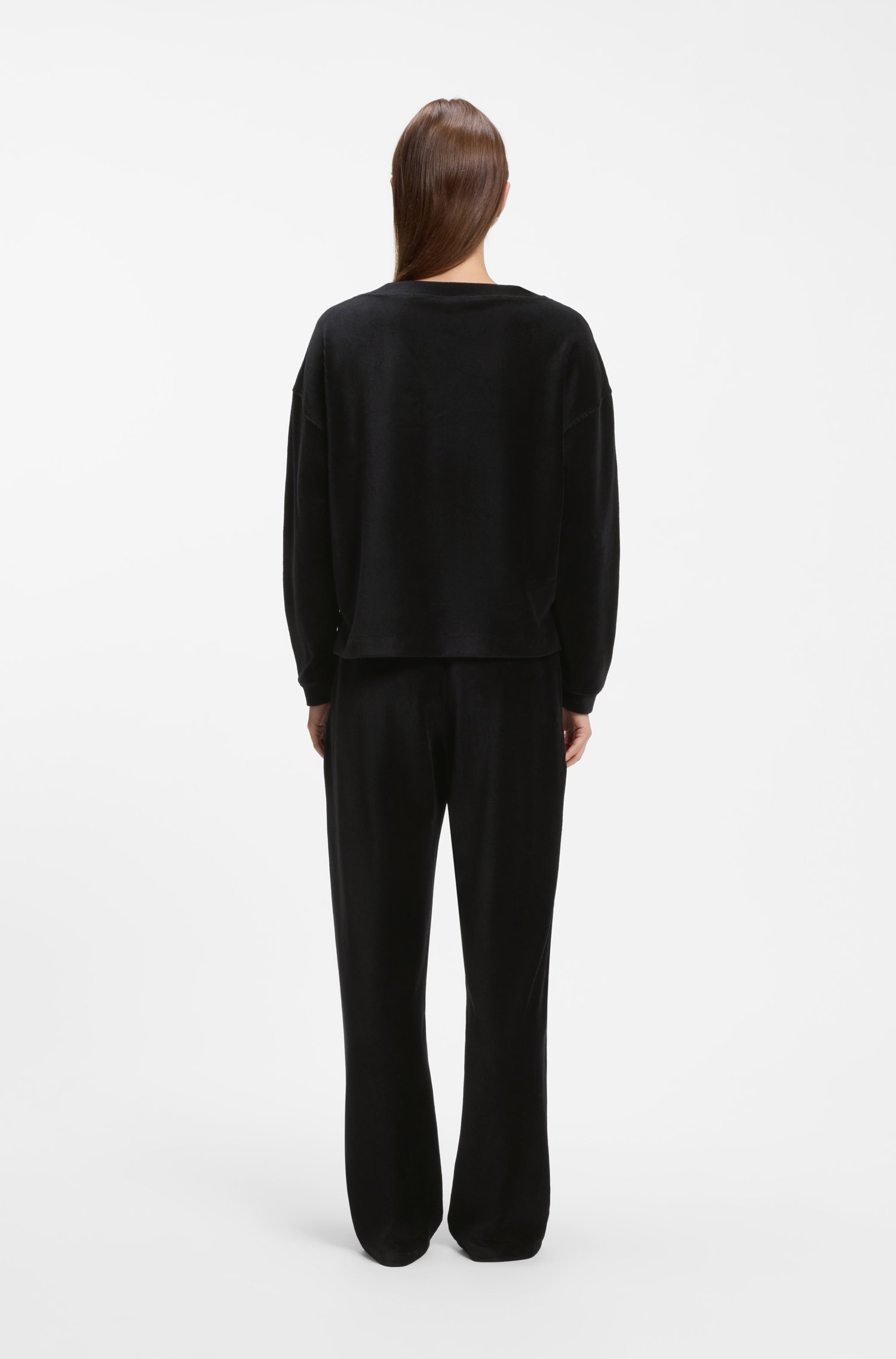 Boss V-neck sweatshirt in ribbed velour with satin piping dam – bild 3