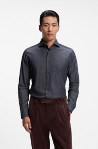 Camicia slim fit in denim con cashmere, Blu scuro