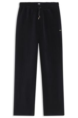 Loungewear bottoms in velour with satin details, Black