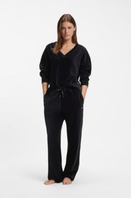 Velour tracksuit bottoms with satin inserts, Black