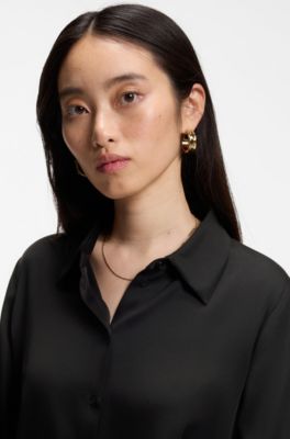 Regular-fit tailored blouse in stretch silk, Black