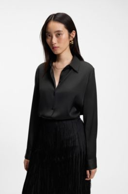 Regular-fit tailored blouse in stretch silk, Black