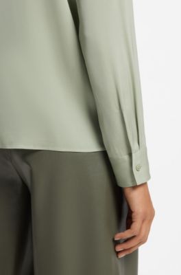 Regular-fit tailored blouse in stretch silk, Light Green