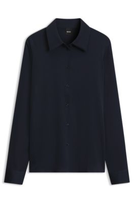 Regular-fit tailored blouse in stretch silk, Dark Blue