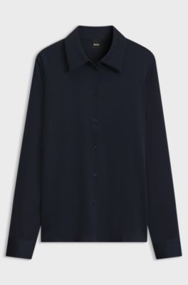 Regular-fit tailored blouse in stretch silk, Dark Blue
