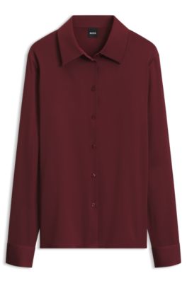 Regular-fit tailored blouse in stretch silk, Dark Red