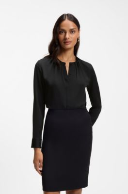 Stretch-silk blouse with gathered details, Black