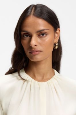 Stretch-silk blouse with gathered details, Natural