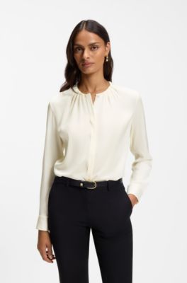 Stretch-silk blouse with gathered details, Natural
