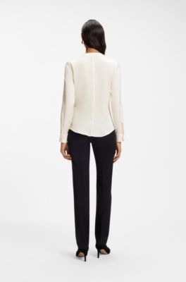 Stretch-silk blouse with gathered details, Natural