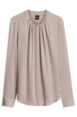 Stretch-silk blouse with gathered details, Light Beige