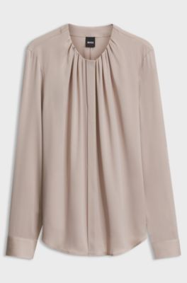 Stretch-silk blouse with gathered details, Light Beige