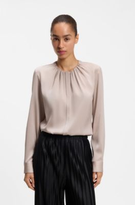 Stretch-silk blouse with gathered details, Light Beige