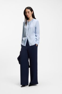 Stretch-silk blouse with gathered details, Light Blue