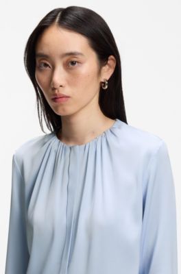 Stretch-silk blouse with gathered details, Light Blue