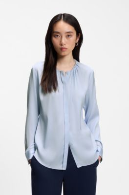 Stretch-silk blouse with gathered details, Light Blue