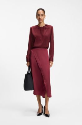Stretch-silk blouse with gathered details, Dark Red