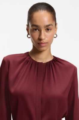 Stretch-silk blouse with gathered details, Dark Red