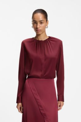 Stretch-silk blouse with gathered details, Dark Red