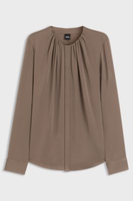 Stretch-silk blouse with gathered details, Brown