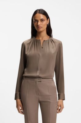 Stretch-silk blouse with gathered details, Brown