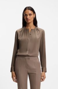 Stretch-silk blouse with gathered details, Brown