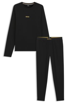 Cotton pyjama set with branded waistband detail, Black
