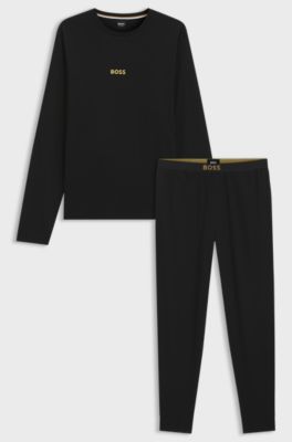 Cotton pyjama set with branded waistband detail, Black
