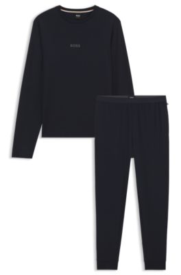 Cotton pyjama set with branded waistband detail, Dark Blue