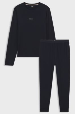 Cotton pyjama set with branded waistband detail, Dark Blue