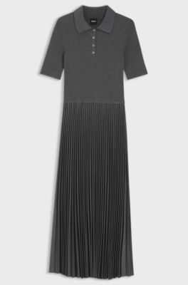 Short-sleeved polo dress with pleated skirt, Dark Grey