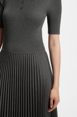 Short-sleeved polo dress with pleated skirt, Dark Grey