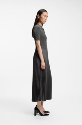 Short-sleeved polo dress with pleated skirt, Dark Grey