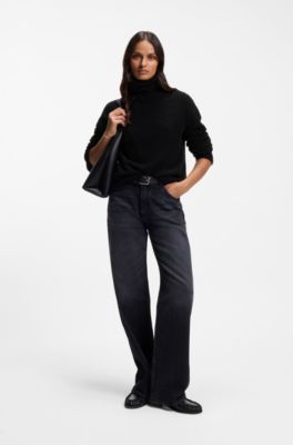 Rollneck sweater in a boucl&eacute; virgin-wool blend, Black