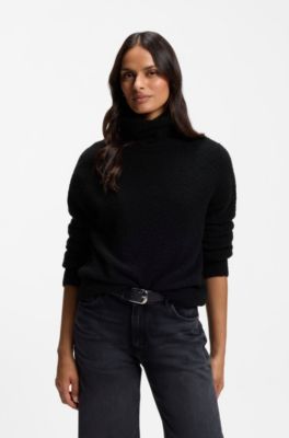 Rollneck sweater in a boucl&eacute; virgin-wool blend, Black