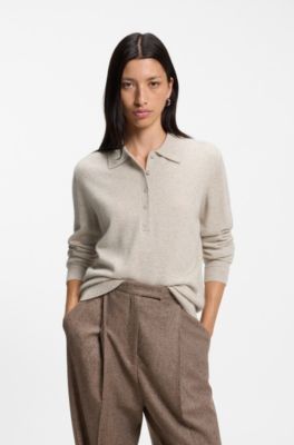 Polo sweater in pure cashmere, Natural