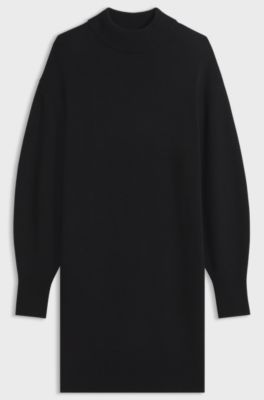 Oversized-fit knitted dress with mock neckline, Black