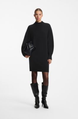 Oversized-fit knitted dress with mock neckline, Black