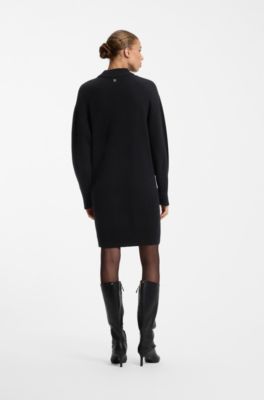 Oversized-fit knitted dress with mock neckline, Black