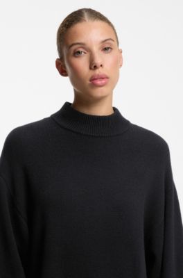 Oversized-fit knitted dress with mock neckline, Black