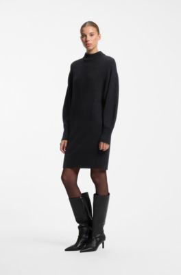 Oversized-fit knitted dress with mock neckline, Black
