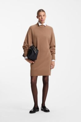 Oversized-fit knitted dress with mock neckline, Light Brown