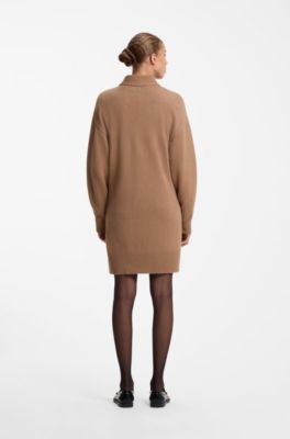 Oversized-fit knitted dress with mock neckline, Light Brown