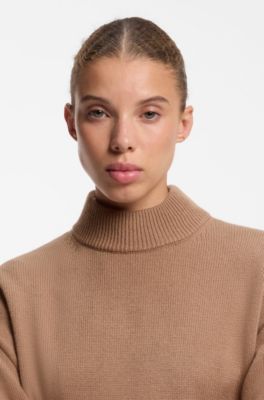 Oversized-fit knitted dress with mock neckline, Light Brown