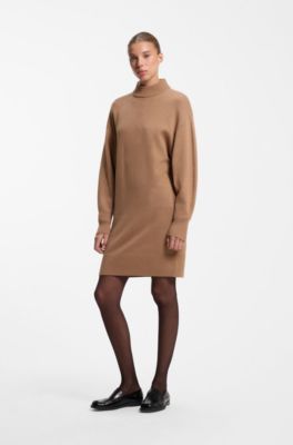 Oversized-fit knitted dress with mock neckline, Light Brown