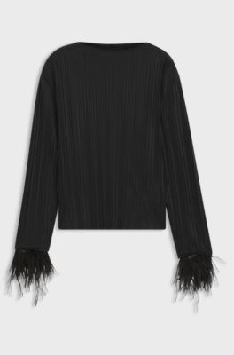 Slim-fit mock-neck top with feather details, Black