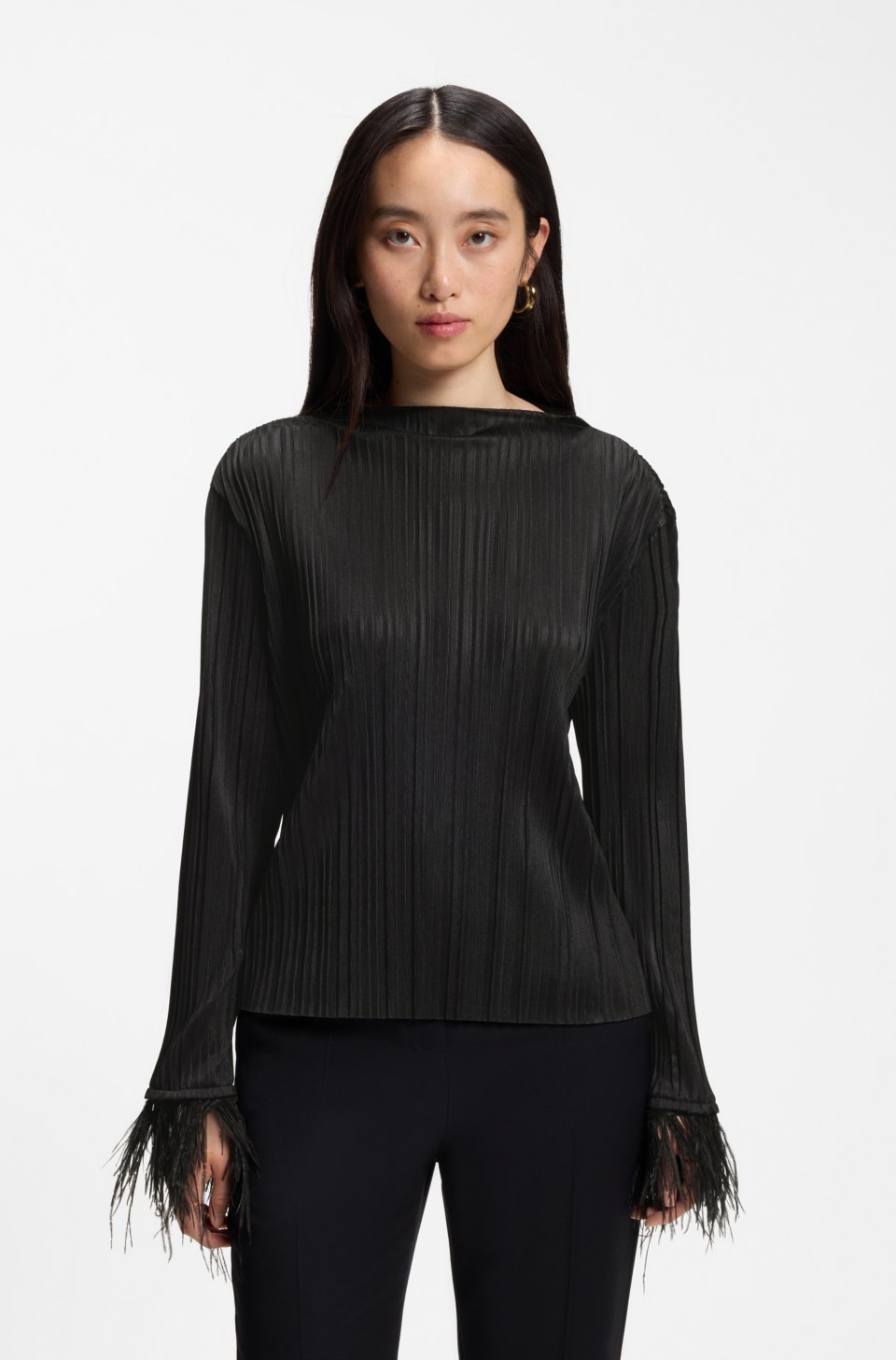 Slim-fit mock-neck top with feather details
