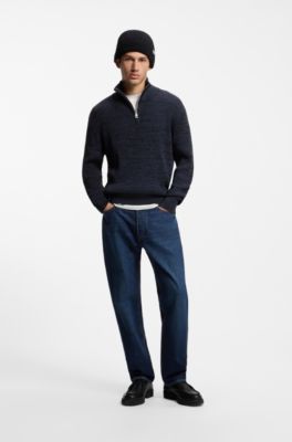 Maglione relaxed fit a colletto con zip e lavorazione moulin&eacute;, Blu scuro