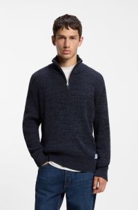 Relaxed-fit zip-neck sweater with moulin&eacute; texture, Dark Blue